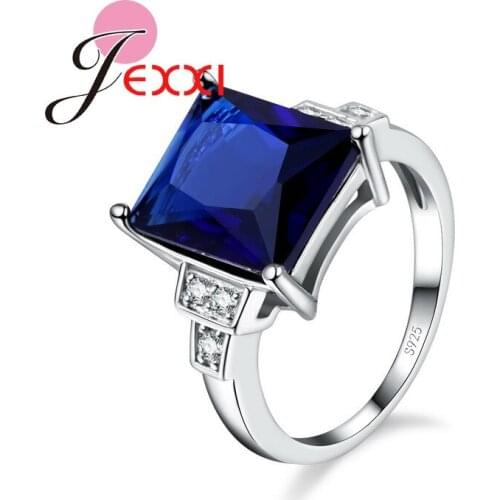 Drop Shipping 925 Sterling Silver Luxury Square Blue Crystal Ring for Women Engagement Wedding Ceremony Jewelry and CZ