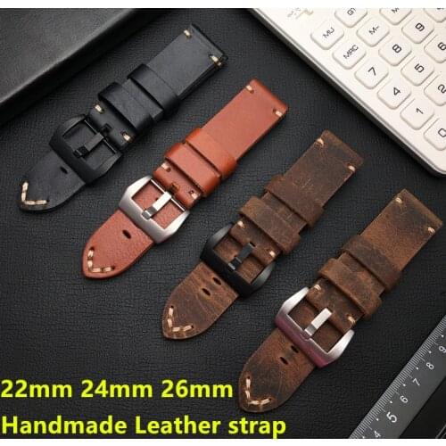 Thick Retro Vintage Genuine Oil Horse Leather Watchband 22mm 24mm 26mm Handmade Men For Panerai Strap Man Buckle Logo Tools
