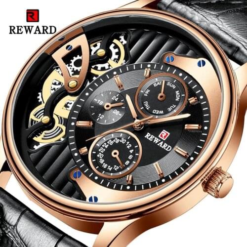 REWARD 2020 New Mens Watch Fashion Design Fancy Quartz Clock Japan Movement Business Luxury Leather Waterproof Watch Clock