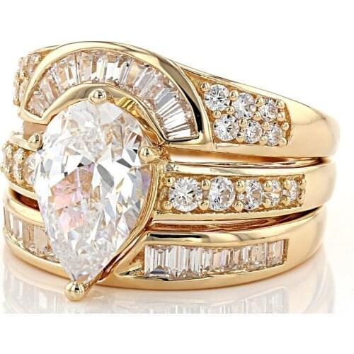 Luxury Female Crystal Stone Ring Set Yellow Gold Color Big Wedding Rings For Women Promise White Zircon Engagement Ring