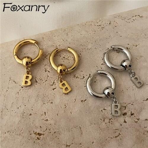 FOXANRY Prevent Allergy 925 Sterling Silver Hoop Earrings INS Fashion Punk Vintage Simple Design Letter B Pendant Party Jewelry