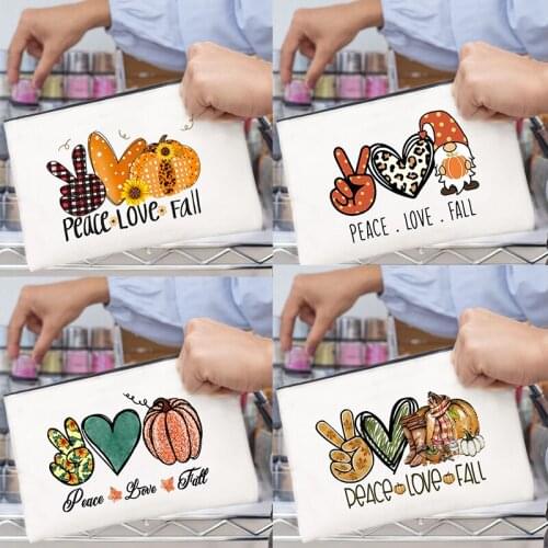 Peace Love Fall Women Makeup Bags Travel Toiletry Organizer Female Cosmetic Case Wash Storage Pouch Pencil Bag Thanksgiving Gift