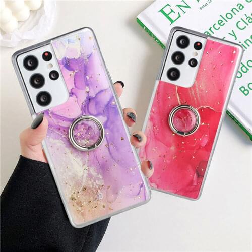Vintage Marble Ring Holder Phone Case For Samsung Galaxy S21 S20 FE Note 20 A52 A72 A51 A71 A42 5G Shockproof Soft Epoxy Cover