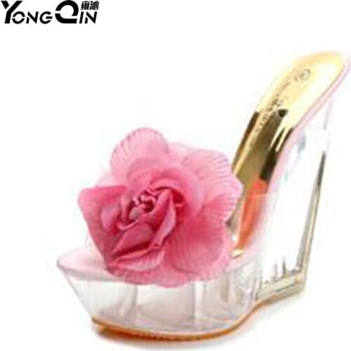 2018 wedge heel sandals high heel female sandals 14cm flower crystal thick bottom Rome sandals shoes
