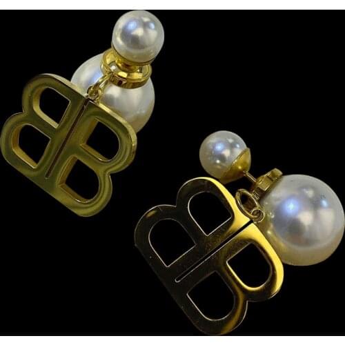 Hot Supply High Quality Stainless Steel Charms B Letter Design Double Side Pearl Stud Earrings For Women INS Jewelry