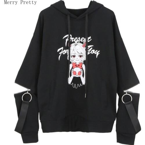 Gothic Black Hooded Sweatshirts Women 2020 Spring Harajuku Hoodie Cartoon Print Lace Up Hollow Out Loose Tracksuit