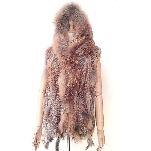 HSPL Hot-sale Knitted short rabbit fur gilet with hood with raccoon fur trim for women