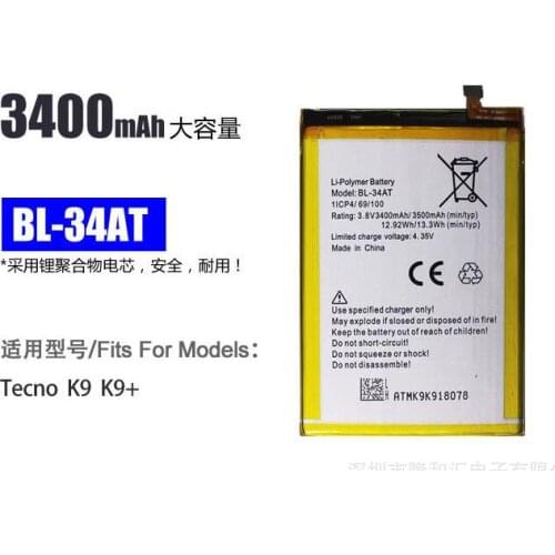 2pcs/3400mAh 3.85V Battery For TECNO BL-34AT Mobile Phone Batterie Bateria Replace Parts