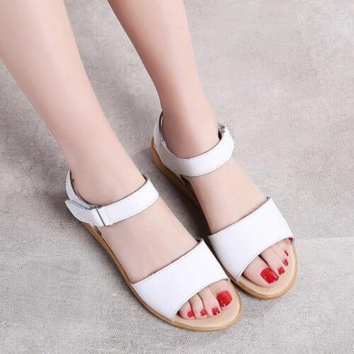 2020 Fashion Women Solid Peep Toe Flat Sandals Summer Casual Rubber Sandals Beach Shoes Microfiber Hook & Loop Basic Shoes