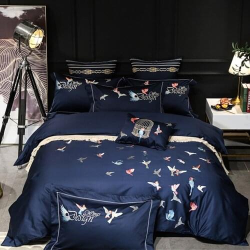 Blue Fly Birds luxury Embroidery Royal Bedding set King Queen Egyptian Cotton Bed set Duvet cover bed sheet Pillowcase 4/6pcs