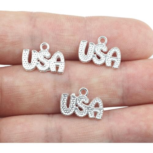 High quality 50 PCS/Lot 15mm*17mm jewelry handmade bright silver plated diy USA letter charms for jewelry making