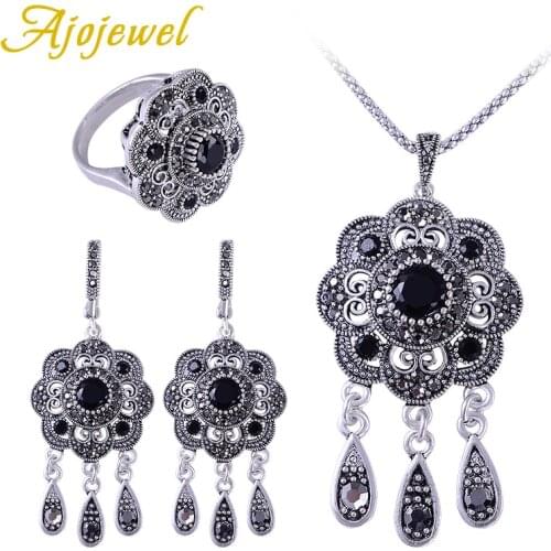 Ajojewel Turkish Jewelry Sets Vintage Antique Black Crystal Flower Ring Tassel Earrings Necklace Sets For Women