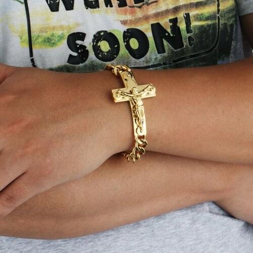 Catholic Crucifix Cross Bracelet Stainless Steel Christ Cuff Bracelets Metal Cuban Chain Trendy Bangle Jewelry Boyfriend Gift