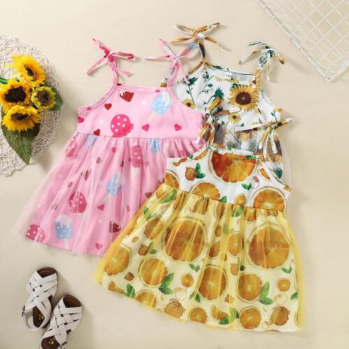 Kids Slip Dress, Baby Girls Flower Print U-neck Sleeveless Strappy Gown for Summer, White/Pink/Yellow, 2-7 Years