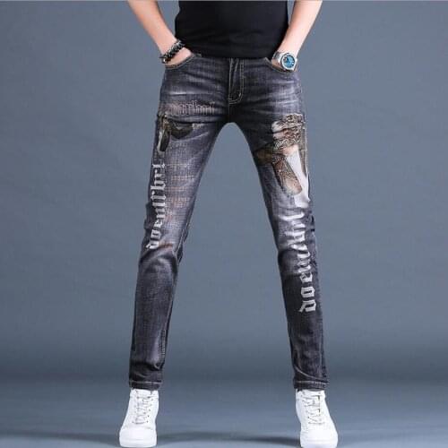 Mens Printed Jeans Trousers Slim Feet Casual Pants Embroidery Denim Print Jean Destroyed Hole Taped Fit Denim Scratched High