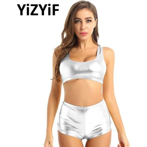 Two piece Swimsuit Womens Bathing Suit Bikinis Shiny Metallic Swimwear Dance Fitness Sports Gym Outfit Crop Top with Hot Shorts