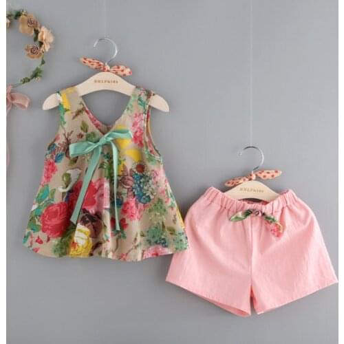 Summer Children Girls Clothing Sets Kids Clothes Floral Printed Sleeveless Vest Tops+Shorts Suits Childrens Clothing Outfit