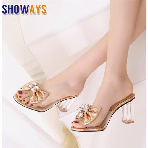 Summer Clear PVC Women Slides High Crystal Block Heel Slippers Silver Gold Bowtie Rhinestone Sexy Casual Party Bridal Lady Mules