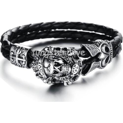 Mens Stainless Steel "Love" Skull Bracelets For Men Cuff Silver Color Black Gothic Cross Braided Leather Birthday Gift