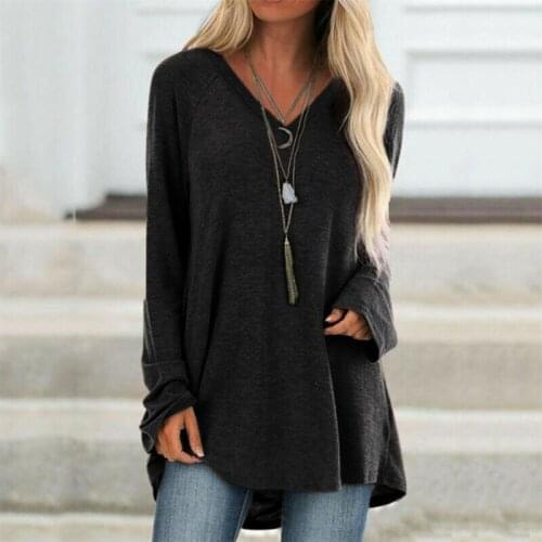 Autumn Fashion Women Long Sleeve Loose V-neck T-Shirt Pullover Jumper Spring Casual Top Womens Pure Color Long Plus Size T-Shirt
