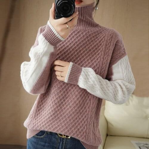 Womens pullover 2021 winter new 100% pure wool sweater casual stitching thick high-neck cashmere sweater plus size knitted tops