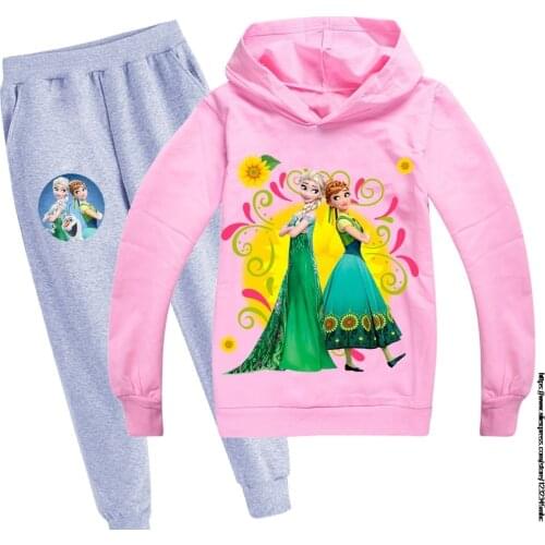 Disney Hot Frozen Elsa Printed Girls Clothes Spring Autumn Childrens Hooded Sweatshirts Harem Pant Casual Jogging Suit Clothes