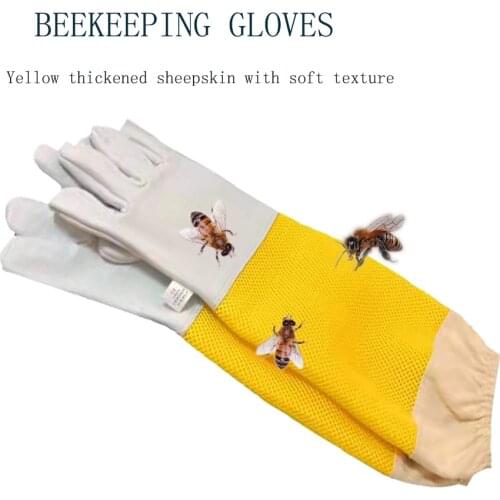 Beeekeeping Gloves Thickened Protective Breathable Yellow Mesh Sleeves White Sheepskinn And Cloth Anti Bee For Beekeeper Tools