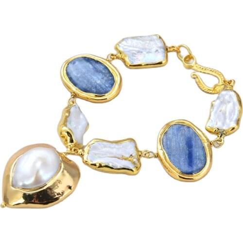 GG Jewelry Natural White Baroque Biwa Pearl Natural Blue kyanite Nugget Heart Pearl Gold Color Bracelet 8" Lady Jewelry