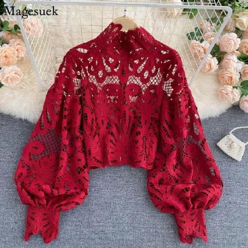 Vintage Sexy Hollow Out Lace Shirt Women Lantern Long Sleeve Stand Collar Blouse Female Elegant Red Pink White Loose Tops 16231