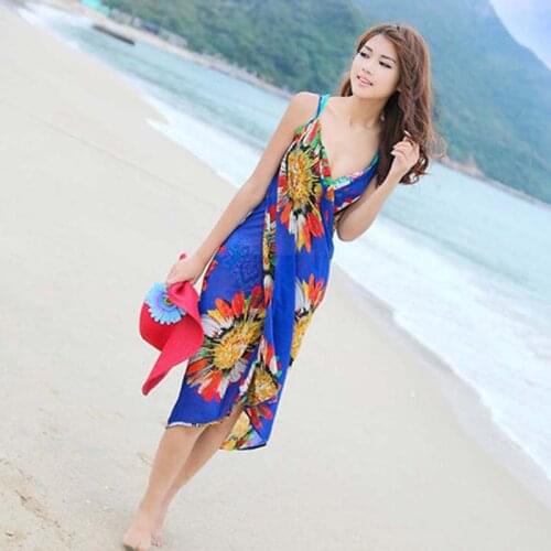 Women Halter Lightweight Chiffon Floral Print Beach Cover Up Towel Silk Sling Beach Bikini Open-Back Beach Dress