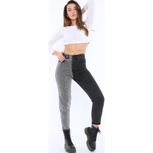 Women, Mom Jeans, High Waist, Regular Cut, Two Color, Double Color, Full Length, Cotton Denim Trousers, 2021 Spring Summer
