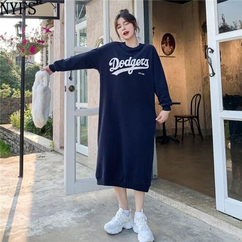 NYFS 2021 Winter Korean New Loose Stitching Plus Velvet Woman Dress Vestidos Robe Elbise Fashion Concise letters Dresses