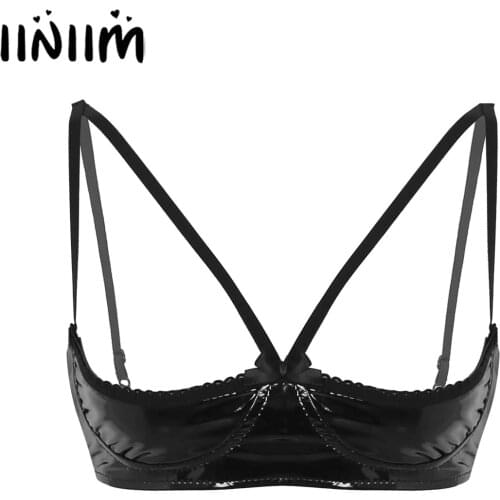 Womens Faux Leather Exotic Lingerie Nightwear Open Bras Sheer Sexy Tanks Vest Tops Wire-free Unlined Bra for Night Party Bras