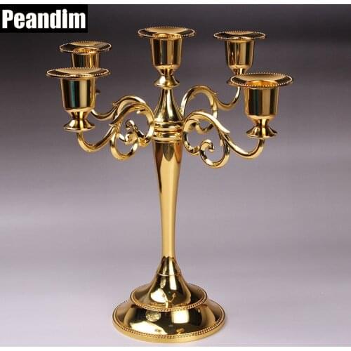 PEANDIM Five Arms Pillar Gold Candle Holder Candlestick 27cm Height Church Party Wedding Decorations Table Centerpieces