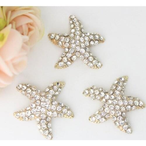 2018 Hot Sale Christmas Decorative Plating Metal 30mm Sea Sand Starfish Buttons Silver Tone Flat Back Button in Rhinestones