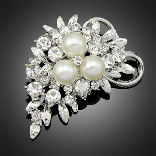 3 Great Simulated Pearl Silver-color Leaves Crystal Brooch Pins Jewelry High Quality Brooches for Women Clothes