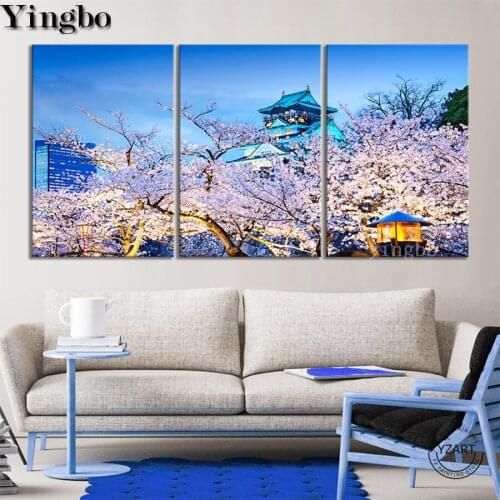 3pcs Cherry blossoms Osaka Castle Japan DIY 5D Diamond Painting kits houses Embroidery Cross Stitch Diamond Rhinestone Mosaic