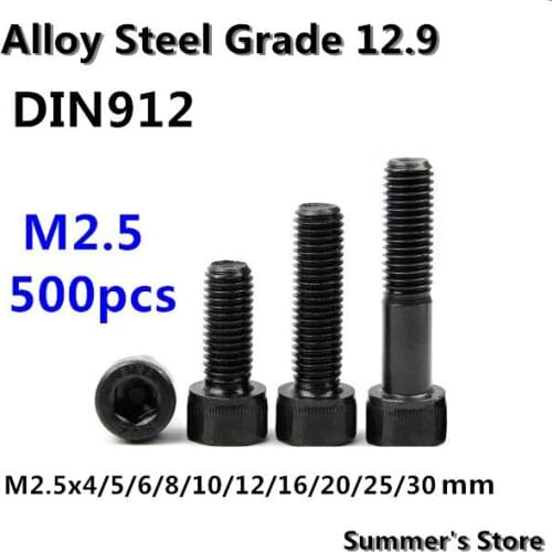 500pcs/lot DIN912 Hex Socket Head Cap Screws M2.5*4/6/8/10/12/16/20/25/30mm Alloy Steel screw M2.5 black screws bolts