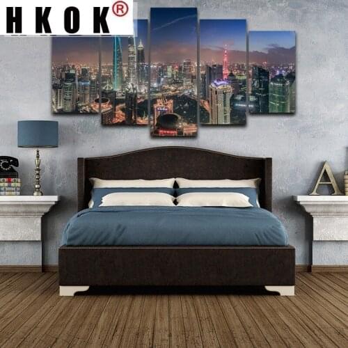 HKOK Abstract Modular 5 Pieces Canvas Paintings Posters Prints Shanghai Tower City Sofa Wall Art Pictures Home Decor Living Room
