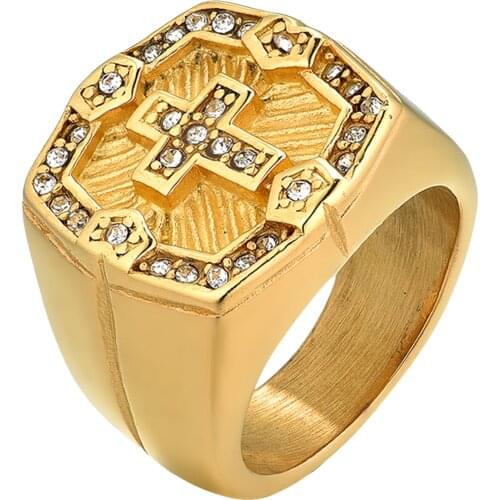 BONISKISS Cross Stainless Steel Ring For Men Charm Gold Color Inlaid Rhinestone Ring Prayer Ring Wedding Anniversary Ring Gift