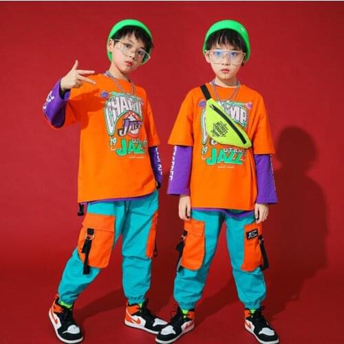 Kids Competitions Hip Hop Clothing Sweatshirt Tops Blue Cargo dancing Pants Girls Boys Concert Jazz Dance Costume Set Clothes