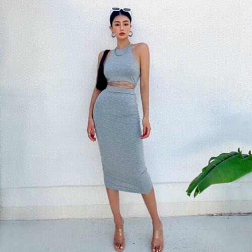WOMENGAGA Women Co-ord Tie Halter Crop Top With Tie Waist Midi Pencil Skirt Set hot sexy Girl female bandage korena top M8MW