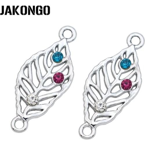JAKONGO Silver Plated Colorful Crystal Leaf Connectors for Jewelry Making Bracelet Accessories DIY Craft 27X11mm