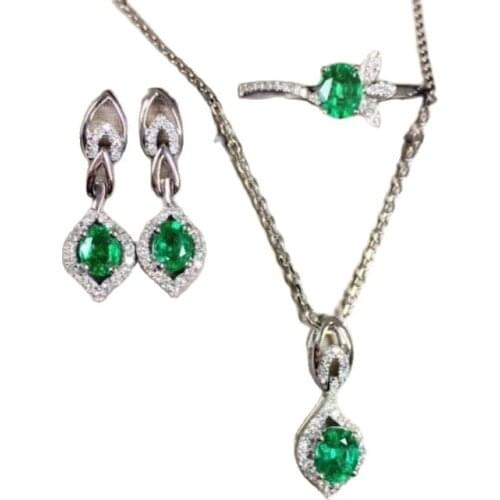 KJJEAXCMY boutique jewelry 925 sterling silver inlaid Natural Emerald Necklace Ring Earring Set Support Test