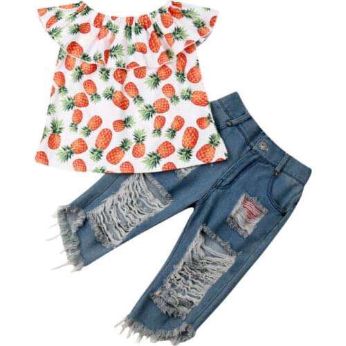 2-6Years Toddler Kids Baby Girl Pineapple Print Tops + Denim Long Pants Outfits Set