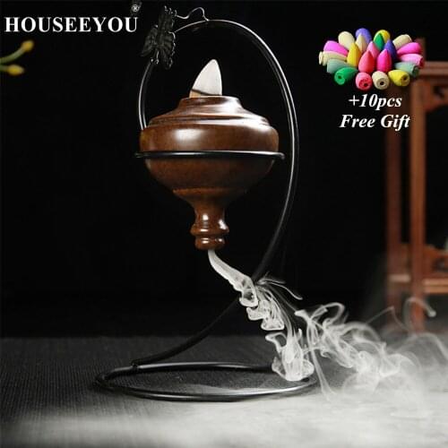 Creative Backflow Incense Burner with Iron Art Stand Ceramic Buddha Stick Waterfall Incense Holder Aroma Smoke Censer Home Decor