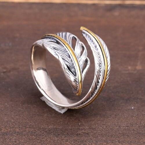 BOCAI New real s925 sterling silver feather man ring open personality versatile single ring, Thai silver female ring
