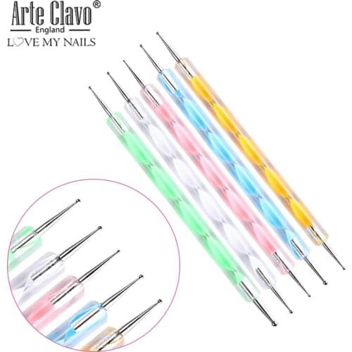 Arte Clavo UV Gel Painting Nail Art 5Pcs Set Dotting Pen Manicure Tools Kit Rhinestones Crystal 2 Way Professional Nail Pen
