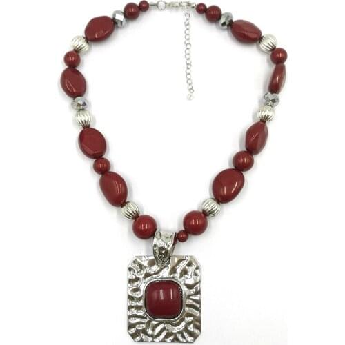 Irregular Beads Red acrylic stone pendant Necklace 46CM Length Fashion personality square stone necklace