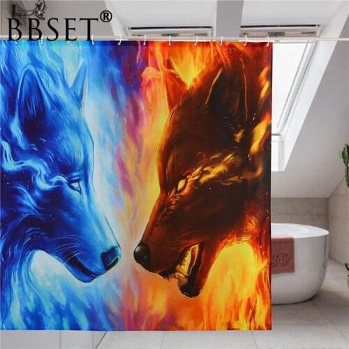 Fire Wolf Shower Curtain Beautiful Ice and Fire Aimal Pattern Waterproof Multi-size Douchegordijn Kids Bathroom Decor with Hooks